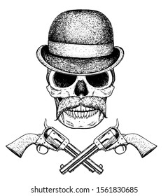 Human skull with mustache hand drawn illustration. Hat on the skull and crossbones revolvers. Tattoo vintage print. Retro skull sketch illustration. Vector print. Engraved style.