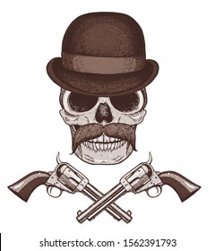 Human skull with mustache hand drawn illustration. Hat on the skull and crossbones revolvers. Tattoo vintage print. Retro skull illustration. Vector print. 