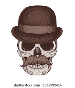 Human skull with mustache hand drawn illustration. Hat on the skull. Tattoo vintage print. Retro skull illustration. Vector print.