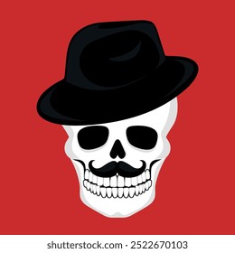 Human skull with mustache in a hat. Gangster skull icon emblem logo. Vector illustration