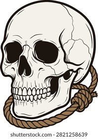 Human skull with a noose around its neck representing death mortality and the perilous nature of life graphic illustration