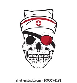 Human Skull With Nurse Hat And Eye Patch. Symbol Of Scary, Nurse In Horror Form Blood And Red Cross.