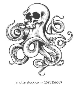 Human skull with octopus tentacles. Tattoo in engraving style. Vector illustration.