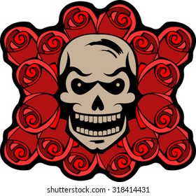 The human skull on a background of roses