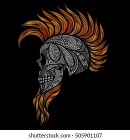 Human skull on a black background. Punk with a Mohawk and a beard of a variety of patterns