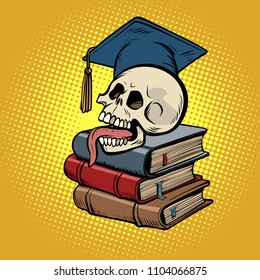 human skull on books. Comic book cartoon pop art retro illustration