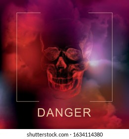 Human skull on danger cloudy sky. Dark red black background. Threat of military conflict