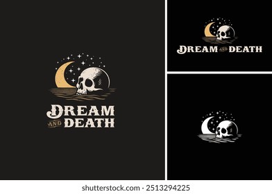 Caveira Humana no Deserto à noite com Lua Crescente e estrelas no céu para o logotipo de Horror Dark ou design de ilustração T Shirt