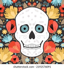 Human skull on a floral background. Day of the dead postcard. Modern vector flat illustration.