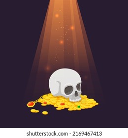 Human skull on gold coins pile. Treasure in light ray with glowing flying lights. Game design elements, cartoon adventure vector wealth, golden money and jewelry