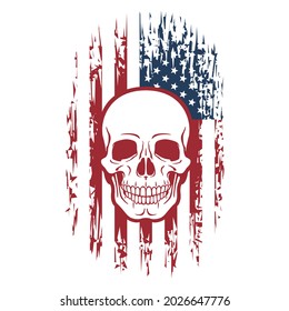Human skull on grunge style American flag background. Vector illustration, template for T-shirt print, poster, etc.