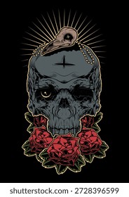 Cráneo humano en rosas con un cráneo de cuervo en la parte superior. Ilustración para camiseta, sudadera con capucha, ropa, póster, diseños, estampados. Concepto de rock, música, skate, tatuaje, rad.