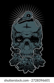Human Skull on Roses with a Crow skull on top Illustration.