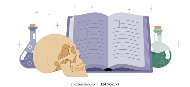 Human skull, open book, glass bottles with green and purple liquids. The concept of magic, alchemy and witchcraft. Isolated illustration on white background.