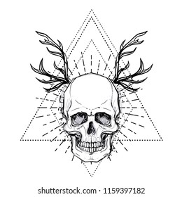 Human skull over sacred geometry symbol. Demon, fairy tale character. Mystical circle. Esoteric. Monochrome drawing isolated on white. Vector illustration. Poster, t-shirt print design.