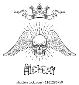 Human skull over sacred geometry symbol. Demon, fairy tale character. Mystical circle. Esoteric. Monochrome drawing isolated on white. Vector illustration. Poster, t-shirt print design.