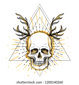 Human skull over sacred geometry symbol. Demon, fairy tale character. Mystical circle. Esoteric. Monochrome drawing isolated on white. Vector illustration. Poster, t-shirt print design.
