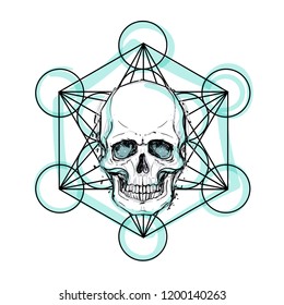 Human skull over sacred geometry symbol. Demon, fairy tale character. Mystical circle. Esoteric. Monochrome drawing isolated on white. Vector illustration. Poster, t-shirt print design.