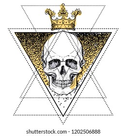 Human skull over sacred geometry symbol. Demon, fairy tale character. Mystical circle. Esoteric. Monochrome drawing isolated on white. Vector illustration. Poster, t-shirt print design.