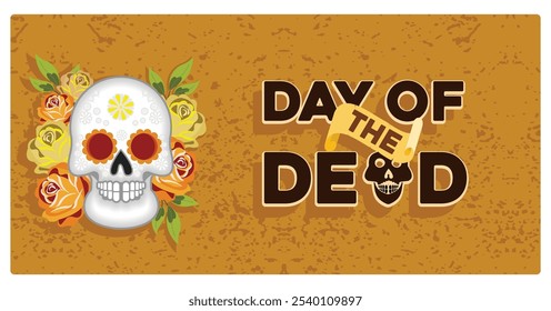 Cráneo humano pintado con flores de colores. Texto del Día de los Muertos sobre un fondo naranja. Concepto del Día de los Muertos. Ilustración vectorial plana.