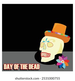 Crânio humano pintado para o Dia Mexicano dos Mortos El Dia de Muertos, flores e sombrero no fundo da luz. vetor plano ilustração moderna 