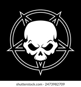 human skull with Pentagram in circle - black and white vector illustration, isolated on black background