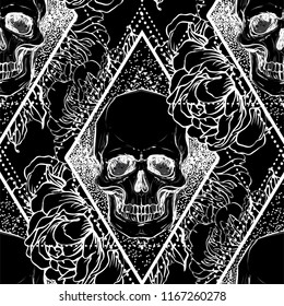 Human skull with peony, rose and poppy flowers over sacred geometry background. Seamless pattern. Tattoo design element. Vector illustration for wallpaper, textile print, wrapping paper.