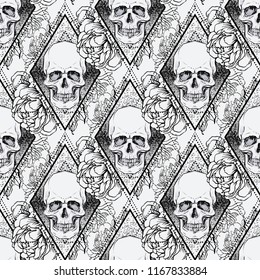 Human skull with peony, rose and poppy flowers over sacred geometry background. Seamless pattern. Tattoo design element. Vector illustration for wallpaper, textile print, wrapping paper.