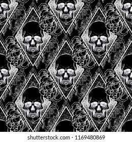 Human Skull With Peony, Rose And Poppy Flowers Over Sacred Geometry Background. Seamless Pattern. Tattoo Design Element. Vector Illustration For Wallpaper, Textile Print, Wrapping Paper.