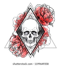 Human skull with peony, rose and poppy flowers over sacred geometry background.Tattoo design element. Vector illustration.