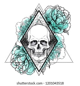 Human skull with peony, rose and poppy flowers over sacred geometry background.Tattoo design element. Vector illustration.