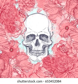 Human skull with peony, rose and poppy flowers on watercolor background.Tattoo design element. Vector illustration. Religion, death, occultism, calavera symbol, alchemy magic.
