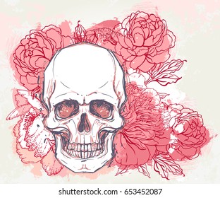 Human skull with peony, rose and poppy flowers on watercolor background.Tattoo design element. Vector illustration. Religion, death, occultism, calavera symbol, alchemy magic.
