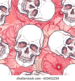 Human skull with peony, rose and poppy flowers on watercolor background. Seamless pattern design. Vector illustration. Religion, death, occultism, calavera symbol, alchemy magic.
