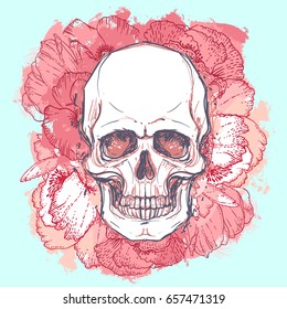 Human skull with peony, rose and poppy flowers on watercolor background.Tattoo design element. Vector illustration. Religion, death, occultism, calavera symbol, alchemy magic.