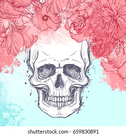 Human skull with peony, rose and poppy flowers on watercolor background.Tattoo design element. Vector illustration. 