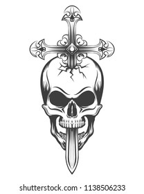 Human skull pierced by sword in the shape of a cross