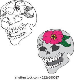 a human skull with a pink flower on it