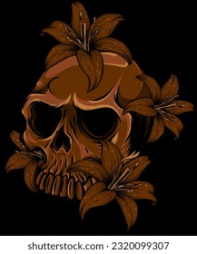 human Skull with pink flowers on black background vector design digital hand draw