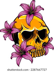 cráneo humano con flores rosadas diseño vectorial de mano digital dibujar mano