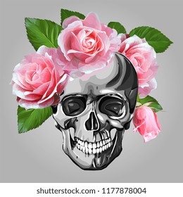 Human Skull With Pink Roses Vector Illustration