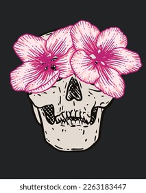 Human skull with pink sakura flowers isolated over black background, front view. Hand drawn vector head drawing. Gothic style sketch illustration print design.