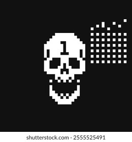 Human skull pixel art icon, abstract background vector illustration, game assets, sprite, design stickers, logo, mobile app, embroidery. 