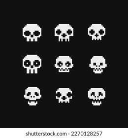 Human skull pixel art icons set, isolated on white background vector illustration. 8-bit sprite.Design stickers, logo, mobile app, embroidery.