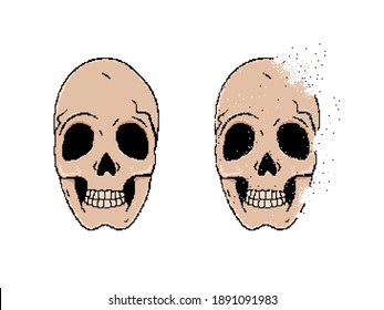 Human skull pixel art isolated on white background