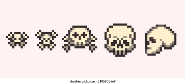 Human skull pixel art set. Pirate, horror symbols collection. Head bones. 8 bit sprite. Game development, mobile app.  Isolated vector illustration.