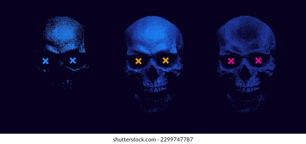 Calavera humana en Pixel Dither estilo de semitono. Ilustración vectorial. Blue Skull Objeto Aislado.