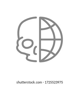 Calavera humana con icono de la línea del planeta. Símbolo del Día Mundial de la Muerte y el Calavera