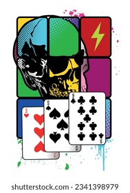 Human skull with playing cards colourfull vector illustration. Isolated on white background.