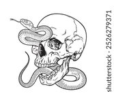 Human skull with poison snake isolated flash tattoo or print design hand drawn line art vector illustration